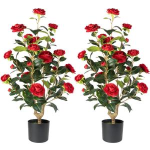 Artificial Camellia Tree 2 Pack - Realistic Camellia Plants in Pot with Red Flowers, Lifelike Faux Greenery for Living Room, Patio, or Wedding, Red