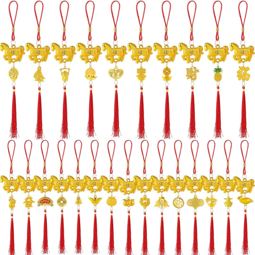 Kigeli 26 Pcs Chinese New Year Horse Decorations Lunar New Year Ornaments 2026 Good Luck Fortune Ornaments Red Tassel Decorations with Symbolizing Wealth, Health, and Success Hanging Decor for Home