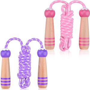 Lorvain Jump Rope for Kids, Adjustable Kids Jump Ropes for Girls Boys Toddler Fitness, Cotton Skipping Rope with Wooden Handle for Outdoor Fun Activities Exercise (Pink&Purple-2pcs)