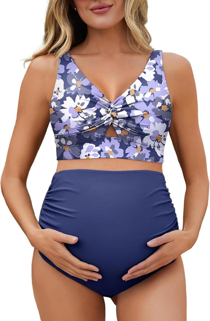Summer Mae Twist Maternity Bikini Two Piece Pregnancy Swimsuits Cutout Bathing Suit High Waisted Ruched Swimwear (Blue, Size 14)