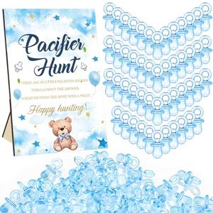 Thyle 51 Pcs Blue Bear Pacifier Hunt Baby Shower Games Include Neutral Bear Themed Hunt Sign and 50 Acrylic Pacifiers for Blue and Brown Baby Shower Game Decoration Gift Sets Gender Reveal Party Decor