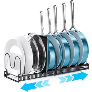 ORDORA Pots and Pans Organizer Under Cabinet, Expandable Cutting Board Pot Lid Organizer for Cabinet Holder with 10 Adjustable Dividers for Kitchen Storage (Black)