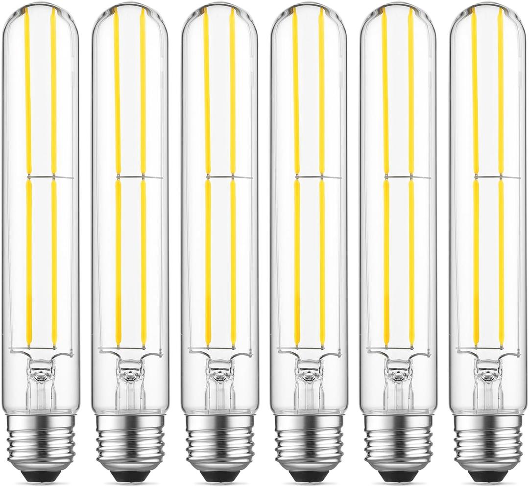 7.3 Inch Long Tubular Vintage LED Edison Bulbs, 6W, Equivalent 60W, High Brightness Daylight 5000K, T10 LED Filament Bulbs with 90+ CRI, E26 Medium Base, Dimmable, Clear Glass, Pack of 6