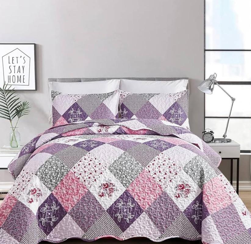 Dinjoy Purple Quilt Set Twin Size, Reversible Floral Plaid Patchwork Pattern Bedding Set Soft Microfiber Lightweight Bedspread 3 Piece Spring Summer Fall Use (68x86 inches)