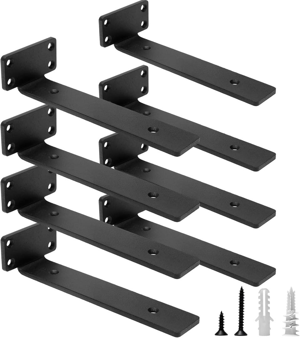 HITOMEN Heavy Duty Floating Shelf Brackets, 8-Inch (1/5'' Thick) Hidden Shelves Hardware, Cast Iron L Brackets, Rustic Industrial Black Metal Wall Shelving Supports, 8 Pack