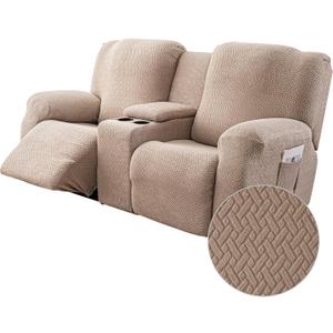 Genina Recliner Loveseat Covers with Console, Stretch Reclining Sofa Covers, 2 Seater Couch Cushion Stripe Jacquard Recliner Slipcovers - Furniture Protector Covers for Pet Kid (Taupe)