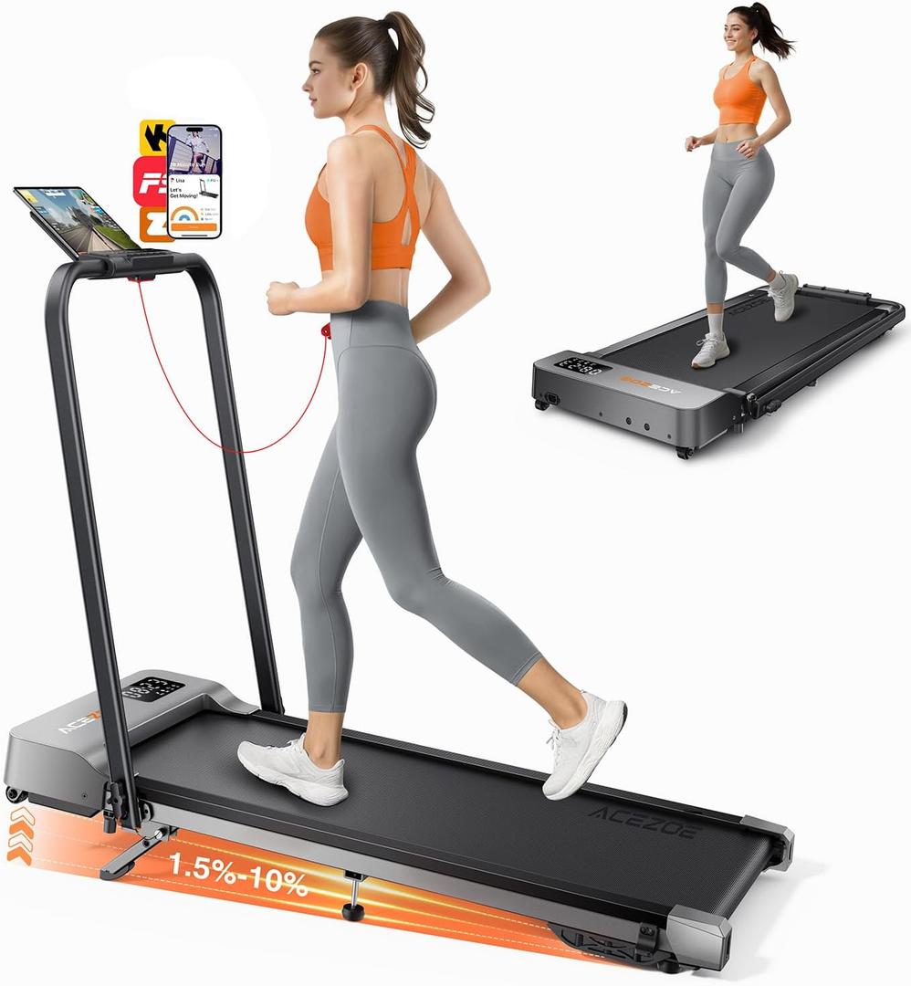 Acezoe 2-in-1 Foldable Treadmill with 3-Level 10% Incline, Walking Pad for Home Small Office, Compact Portable Under Desk Treadmill with Handle,Dual LED Display, APP & Remote, 300 lbs Capacity