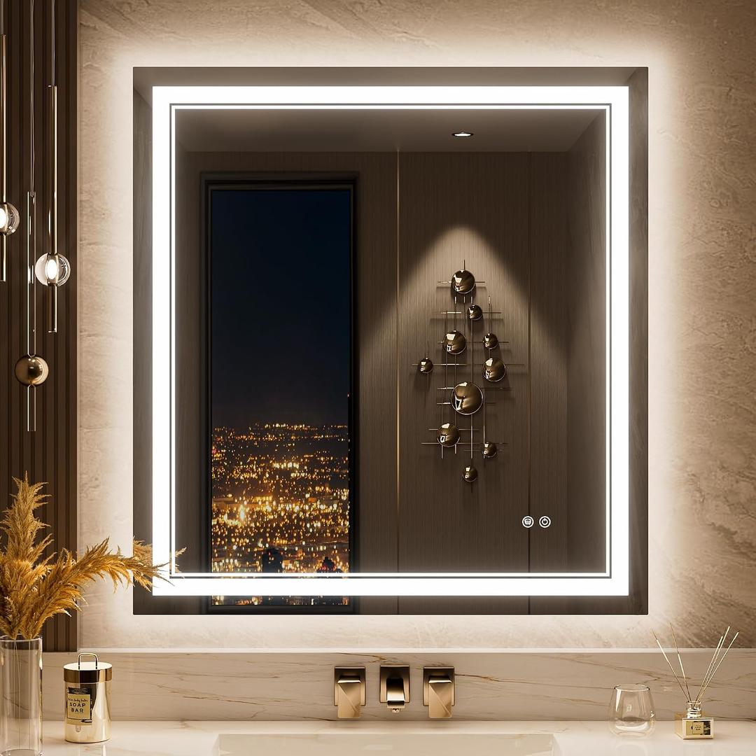 Keonjinn 30" x 32" LED Bathroom Mirror with Lights, Safe HD Tempered Glass