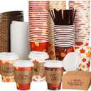 100 Set 12 oz Winter Christmas Hot Coffee Cups Disposable with Lids and Sleeves Hot Cocoa Cups for Winter Christmas Thanksgiving Birthday Party Supplies (Maple Leaf, White)