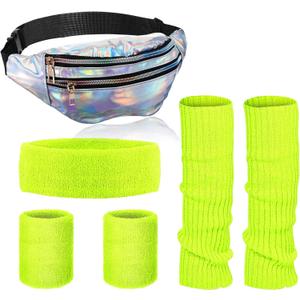 SATINIOR 80s Women Workout Outfit Neon Leg Warmer Headband Wristbands Fanny Pack Set 80s Accessories for Yoga Running (Silve, Yellow)
