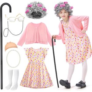 Jeowoqao Old Lady Costume for Kids100 Days of School Costume Girls Old Lady Granny Grandma Dress Up for Girls 5 6 7