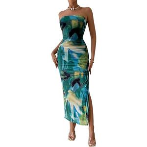 PRETTYGARDEN Women's Summer Wedding Guest Dress Strapless Tube Top Maxi Bodycon Long Floral Mesh Beach Vacation Party Dresses, L, Print Green 