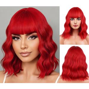 Red Wig Neon Red Wigs Short Curly Wigs with Bangs for Women Daily Party or Cosplay Hairnet Include