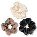 OLESILK 100% Mulberry Silk-Scrunchies for Hair Sleep, Women Grils Silk Hair Ties for Frizz & Breakage Curly Hair, No Damage, Elastics Ponytail Holder, 3 Pack (3pcs, Black-Camel-Light Champagne)