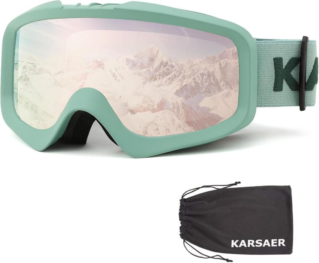 Karsaer Ski Goggles Anti-Fog Snow Goggles OTG 100% UV Protection Snowboard Goggles Bendable Dual-Lenses for Men Women Youth (Dark Green Framed Rose Gold Lenses)