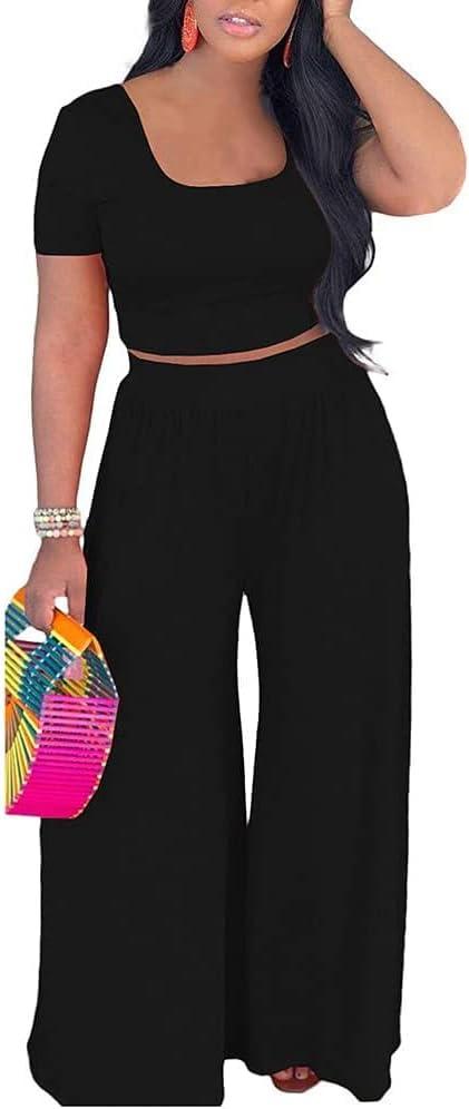 HBQ Two Piece Outfits For Women Casual Sweat Suits Backless Short Sleeve Crop Tops Wide Leg Pants Lounge Sets Tracksuit-Black-XXL