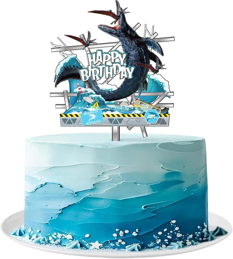 Mosasaurus Dinosaur Acrylic Cake Topper with Happy Birthday Sign Cool Dinosaur Cake Decoration for Mosasaurus Dinosaur Theme Birthday Party Supplies