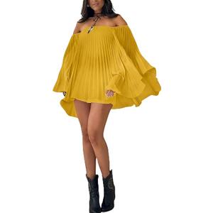 Ophestin Women's 2 Piece Pleated Outfits Off Shoulder Oversized 3/4 Cape Sleeve Shirt Shorts Set for Beach Vacation XL