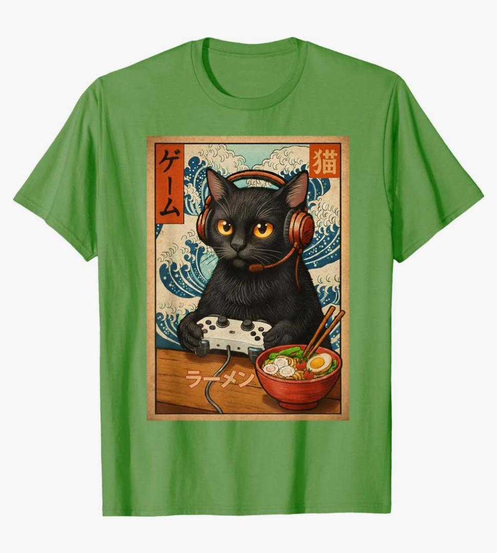 Kawaii Gamer Cat Funny Retro Japanese Cat Ramen Gaming T-Shirt, M