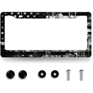Retro Black Grey American Flag License Plate Frame USA License Plate Holder Funny Auto Parts Stainless Steel Patriotic Universal Cars Decoration for Men Women 12.2" x 6.2"