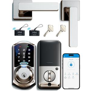 Veise VE07-L Fingerprint Smart Locks for Front Door with Zinc Alloy Handle Set, App Control, Keyless Entry, Electronic Digital Keypad Deadbolt, Auto Lock, Waterproof, Easy to Install, Satin Nickel