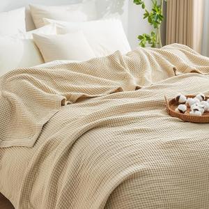 PHF 100% Cotton Waffle & Muslin Blanket Queen Size, Soft Breathable Luxury 400GSM Versatile Reversible Bedding for Bed, Great for Layering in Cold Weather, Home Decor Gift, 90" x 90", French Oak