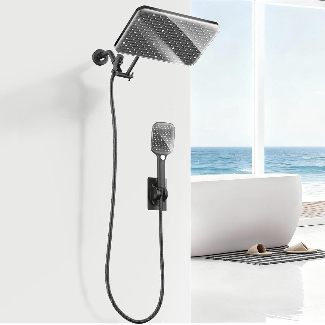 XXL 12.2" Rain Shower Head with Handheld Spray Combo, High Pressure Rainfall Shower Head, Height Adjustable Dual Shower Head, Luxury Waterfall Showerhead Bathroom (Black-Diamond)