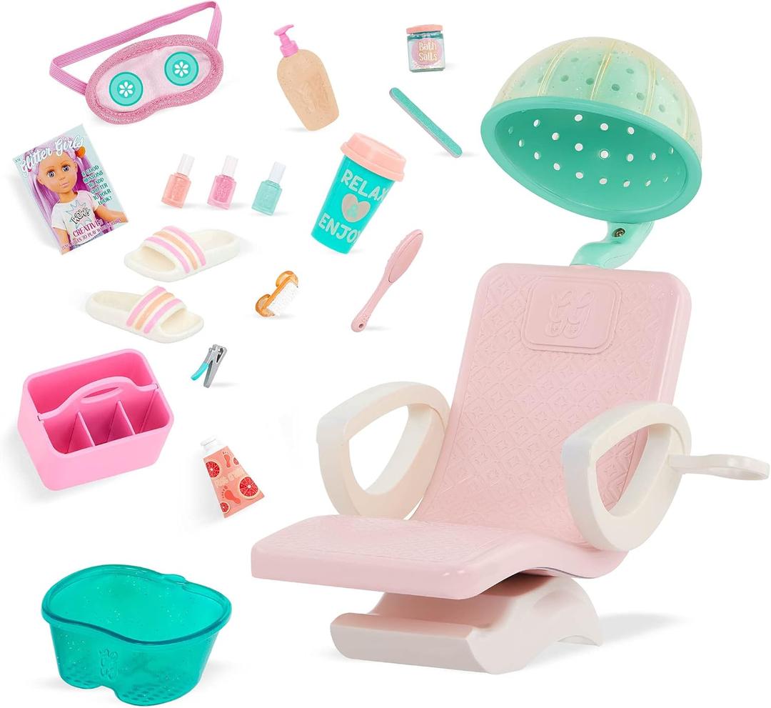 Glitter Girls  14-Inch Doll Accessories  Salon Chair & Styling Playset  Hooded Hair Dryer, Foot Bath, Pretend Nail Polish  3+ Years Childrens Toys