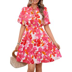 BTFBM Women Summer Floral Short Dresses V Neck Short Sleeve Tiered Ruffle Boho Swing Dress A-Line Mini Dresses(Floral Rose Red, Large)