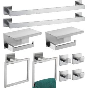 Bathroom Towel Bar Set 10 Pieces Brush Nickel Square Modern Bathroom Hardware Set SUS304 Bathroom Accessories Set Towel Rack Set for Bathroom Wall Mounted (Brushed Nickel, 24 Inch)