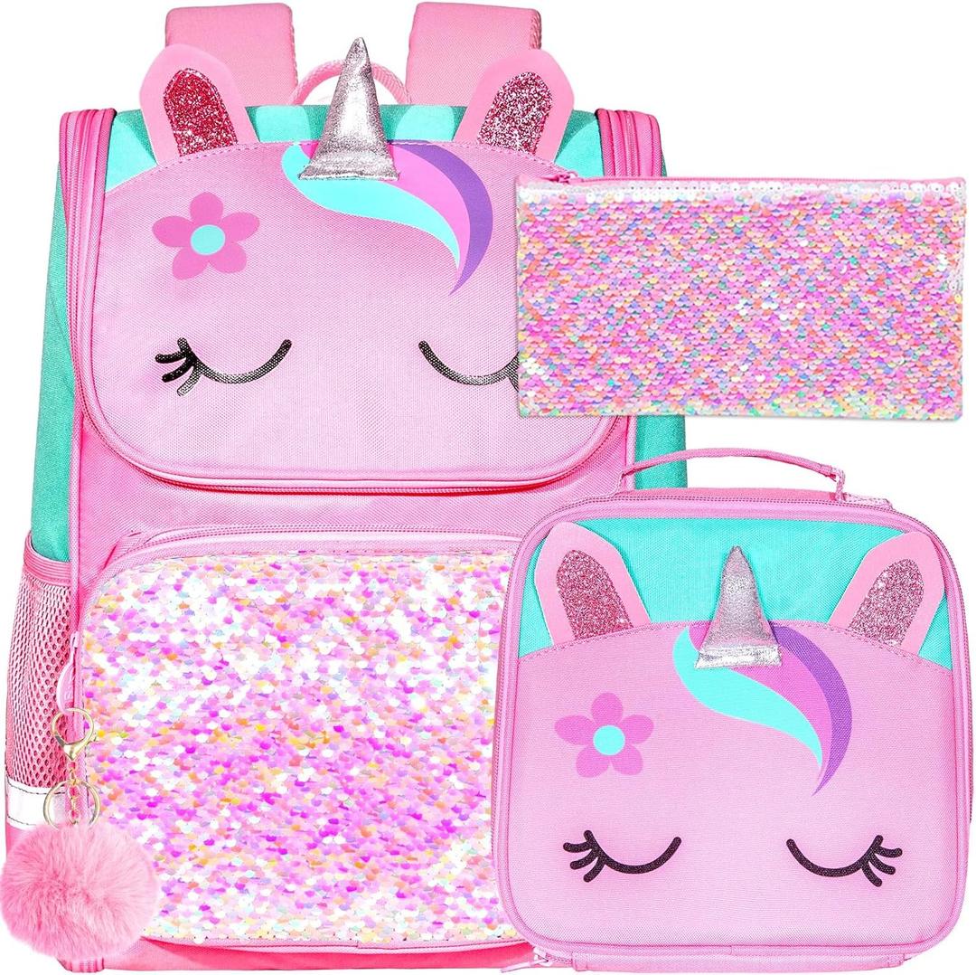 UFNDC 3PCS Unicorn Backpack for Girls, 15" Kids Sequin Bookbag with Lunch Box, Pink School Bag for Elementary Preschool Toddler