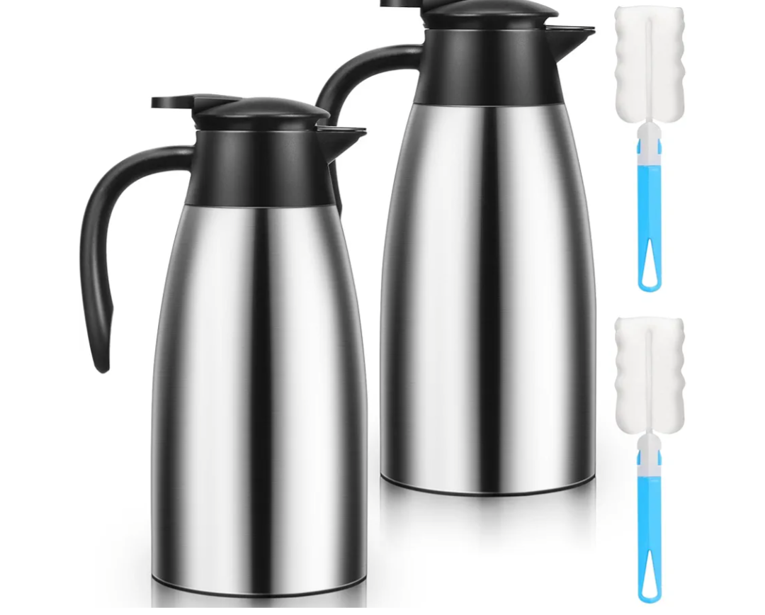2 PCS 68 OZ Thermal Coffee Carafe, Insulated Stainless Steel Coffee Carafe Double Walled Vacuum Thermal Pot Flask with Brushes Thermos for Keeping Hot Coffee Tea Home and Office (Silver)