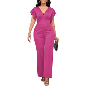 Jumpsuits for Women Casual Summer Rompers Deep V Neck Ruffle Short Sleeve Wide Leg Outfits for Women (Pink, XL)