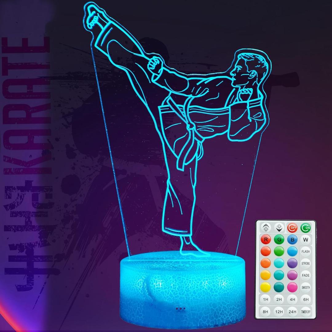 Karate Night Light, Karate Gifts, Taekwondo 3D Illusion Lamp with 16 Colors Changing, Timer, 4 Flash Modes and Dimmable, Kids Boys Girls Room Decoration, Holiday Xmas Gifts