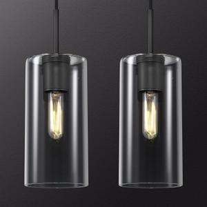 Modern Black Pendant Lights Kitchen Island 2 Pack Glass Pendant Light, 9.5in Farmhouse Clear Glass Cylinder Pendant Light Kitchen Pendant Lighting Over Island for Sink, Bathroom, Bar,Dining