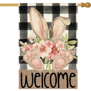 AVOIN colorlife Easter House Flag 28x40 Inch Double Sided Outside, Rabbit Ears Spring Welcome Yard Outdoor Decoration