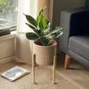 Plant Basket with Stand, Indoor Round Wicker Basket Plant with Bamboo Wood Stand, Decorative Woven Rope Flower Indoor Planter with Legs, Boho Bamboo Wood Planter Holder (Jute)
