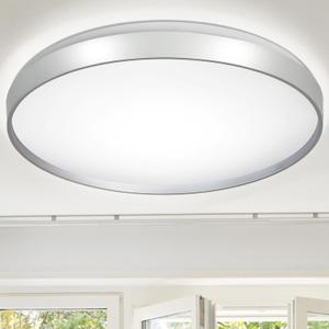 DLLT 35W Modern Dimmable LED Flush Mount Ceiling Light Fixture, 20 Inch Silver Slim Round Close to Ceiling Light, Indoor Lamp for Bedroom, Living Room, Kitchen, 3000-6000K 5 Color Adjustable (35W-No Remote)