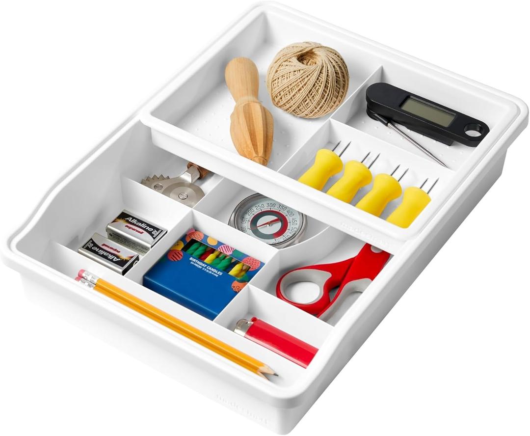 Madesmart 13-Compartment Junk Drawer Organizer with Sliding Top Tray, Multi-Purpose Storage for Kitchen, Office & Bathroom Drawers, WhiteM