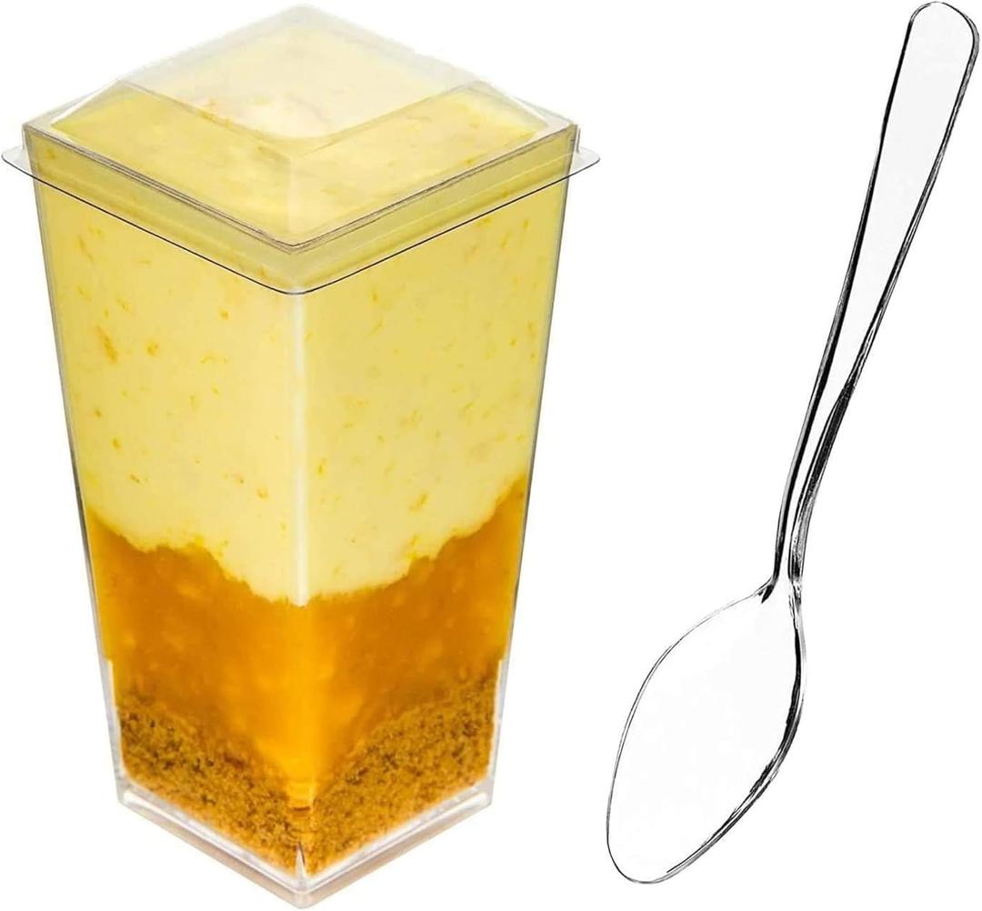DLux 100 x 3 oz Mini Dessert Cups with Spoons and Lids, Square Tall - Clear Plastic Parfait Appetizer Cup - Small Reusable Serving Bowl for Party Desserts Appetizers - With Recipe Ebook