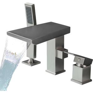 FSCEPIXI Waterfall Roman Tub Faucet with Hand Shower, Deck Mount Tub Filler Bathtub Faucet with Sprayer, Brass Widespread 3 Hole Bathtub Shower Faucet Set, Brushed Nickel