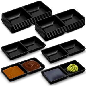 Gejoy 12 Pcs Dual Dipping Sauce Bowls Soy Sauce Dish Bowls Two Compartments Party Trays Divided Fondue Plates for Restaurant Kitchen Sushi Soy (Black)