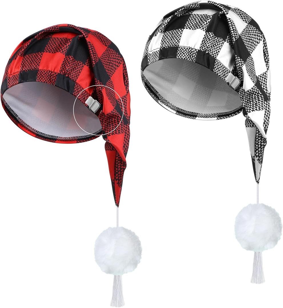 Janmercy 2 Pcs Sleeping Cap for Men Adjustable Sleep Cap Men Buffalo Plaid Night Hat with Ball Tassel for Winter (Black, White, Red)