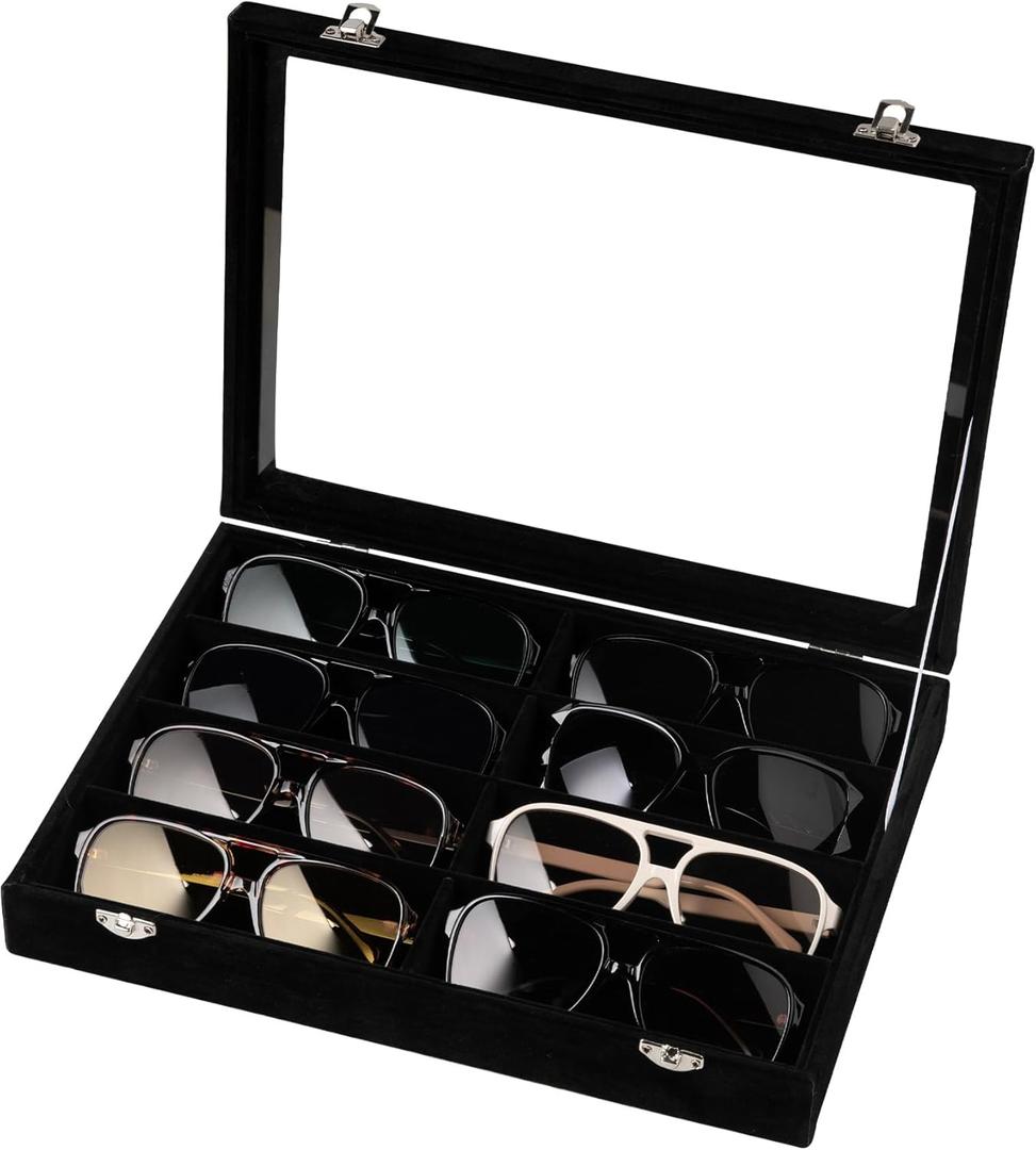 Frebeauty Sunglass Organizer, Velvet Glasses Organizer,8-Slot Sunglasses Tray with Clear Lid, Men's/Women's Sunglasses Box, Sunglass Case,13.3 x 9.6 x 2.2 Inches, Eyeglass/Eyewear Display Tray (Balck) (Black)