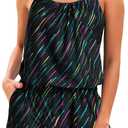 Tempt Me Romper One Piece Swimsuits with Short - Women Boyleg with Pockets Bathing Suit Modest Swimwear (Medium, Colorful Stripe)