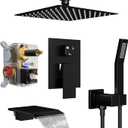 Shower Faucet Set with Tub Spout, Ceiling Mount Shower System with 10 Inch Rain Showerhead and Tub Spout, High-Pressure Showerhead Combo Set Included Valve and Trim, Matte Black