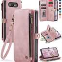 Defencase for Google Pixel 9a Case Wallet with RFID Blocking Card Holder for Women Men, Fashion PU Leather Magnetic Snap Flip Zipper Wrist Strap Wallet Phone Case for Google Pixel 9A 6.3", Rose Pink