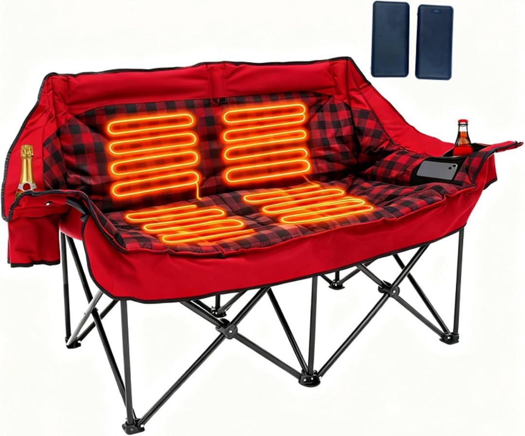Heated Double Camping Chair with 2 Battery, Padded Camping Couch with 3 Heat Levels and 4 Heating Zones, Oversized Camp Loveseat Support 800lbs for Soccer Games, Tailgating, RV Travel, Beach Days, Large