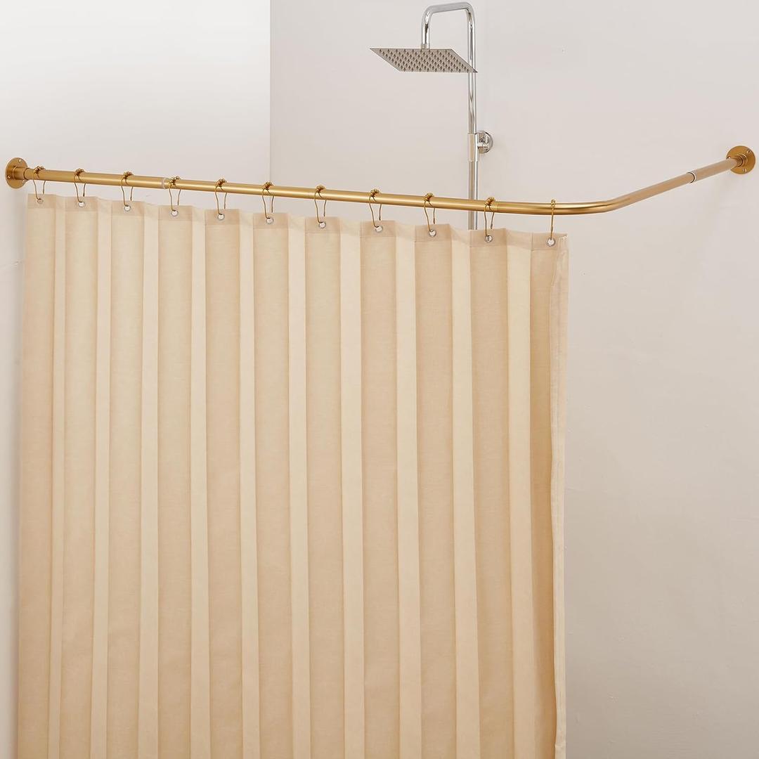 Gold Corner Shower Curtain Rod, [24"-53"] x [24"-53"] Adjustable L Shaped Shower Rod No-Sagging Heavy Duty 90 Degree Curved Curtain Rod for Bathroom with 12 Hooks & Ceiling Support