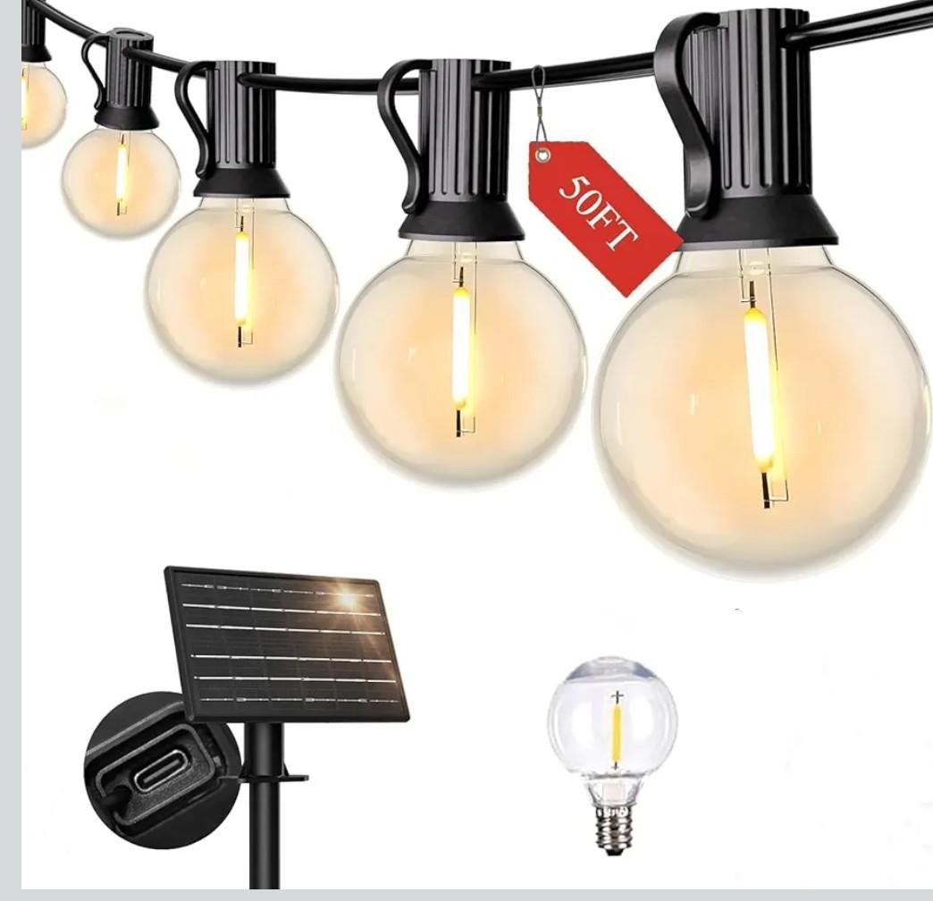 Yuusei 100 FT Solar String Lights Outdoor, Patio Lights for Outside with 50+2 Shatterproof LED Bulbs, Solar Powered with USB Port, Waterproof Solar Hanging Light for Backyard Porch 2700K Warm White